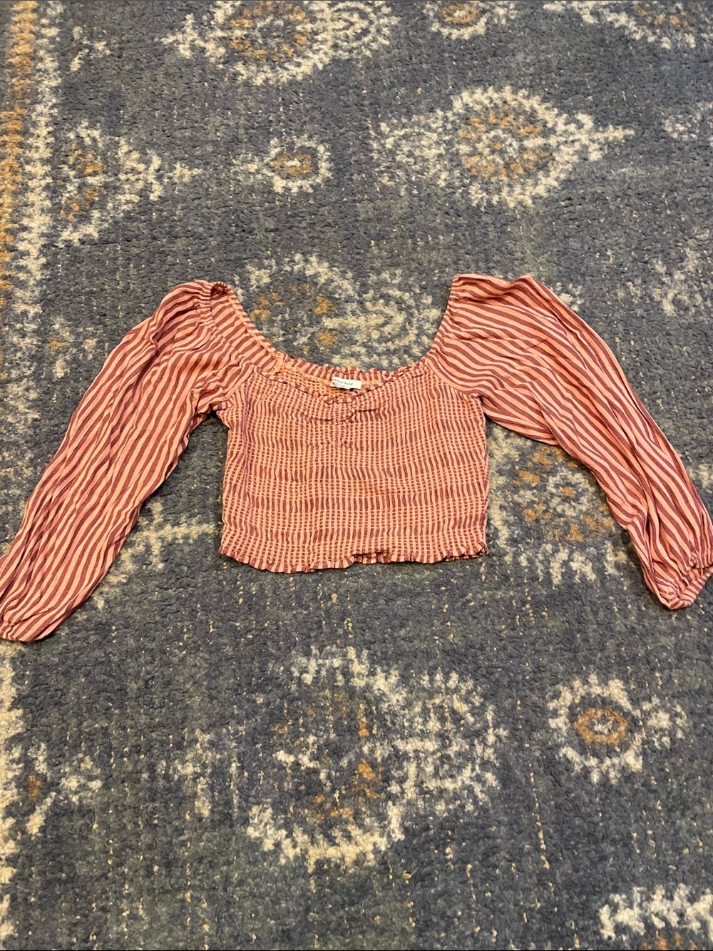 American Eagle Outfitters Rust-Striped Smocked Crop Top